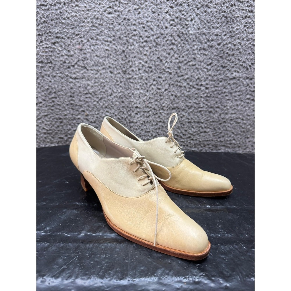 Phyllis Poland Leather Lace Up Heeled Oxford Shoes Beige Womens Size 9AA US